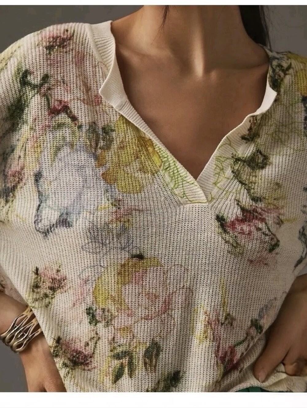 ANTHROPOLOGIE Linen Blend Floral Knit Lightweight Oversized Sweater XXS Like New